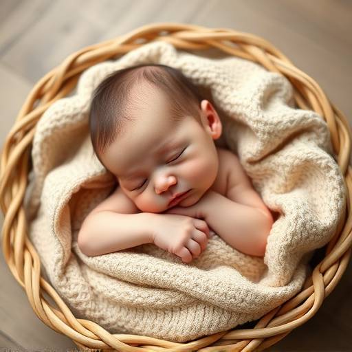 Fotografia de um bebê recém-nascido dormindo em um cesto com adereäos fofos.