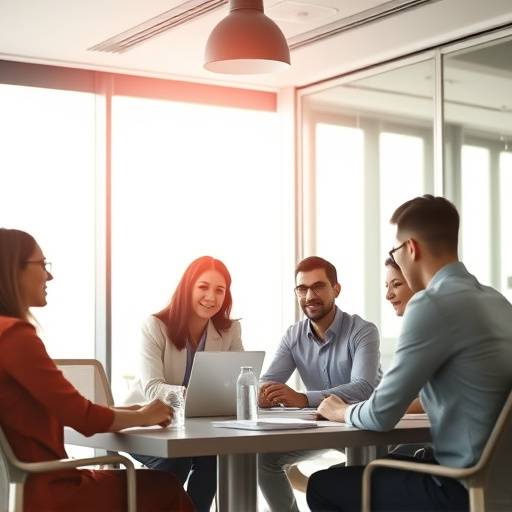 Fotografia de um grupo de profissionais reunidos em uma sala de reunião moderna, representando um ambiente de trabalho colaborativo e inovador.