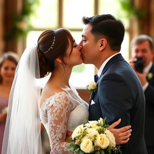 Noivos se beijando durante a cerimônia de casamento, com um fotógrafo capturando o momento.