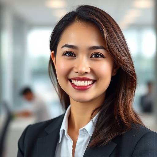 Uma mulher profissional sorrindo em um retrato corporativo, com um fundo desfocado de escritório.