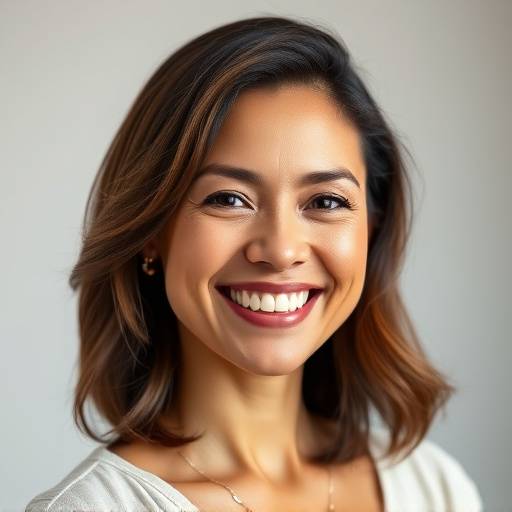 Uma mulher sorrindo durante uma sessão de retrato profissional em um estüdio bem iluminado.