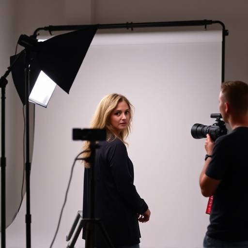 Uma sessão de retrato profissional em andamento no estüdio, com iluminaäão controlada e fundo neutro.